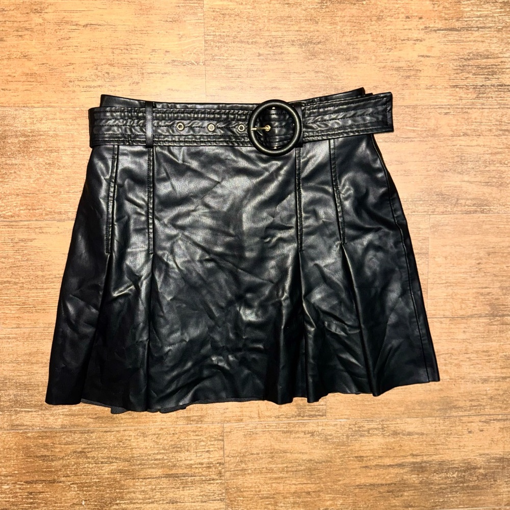 Black Faux Leather Skirt with Belt